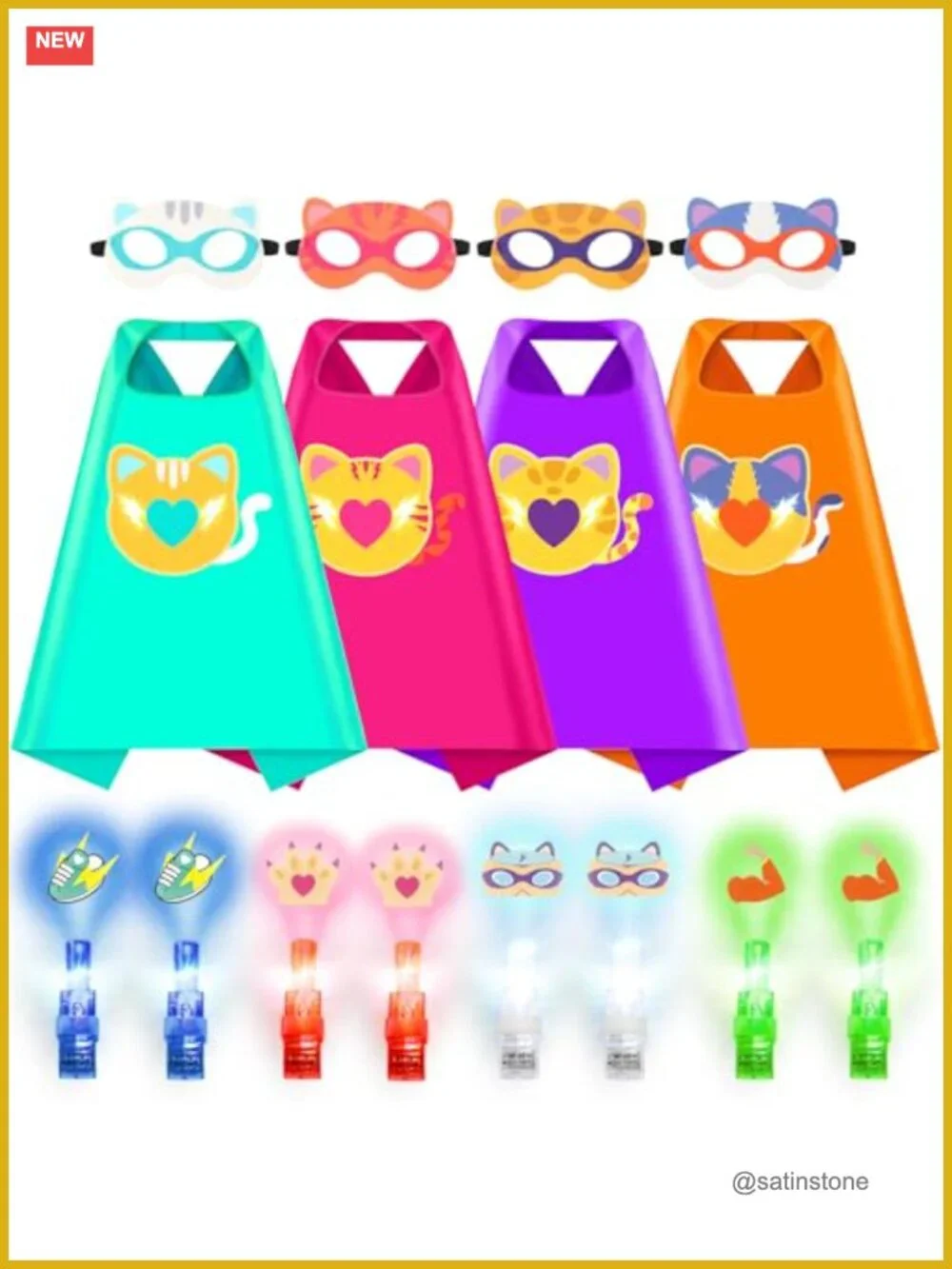 Kids Cat Capes Dress Up Set - 4 Capes, 4 Masks, 8 Finger Lights, Halloween